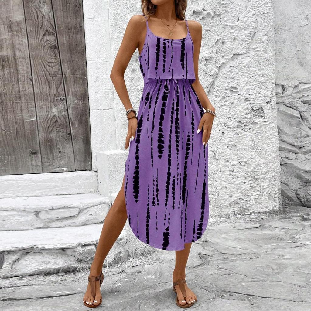 Women's Fashionable Retro Printed Camisole Waist Cinching Casual Dress