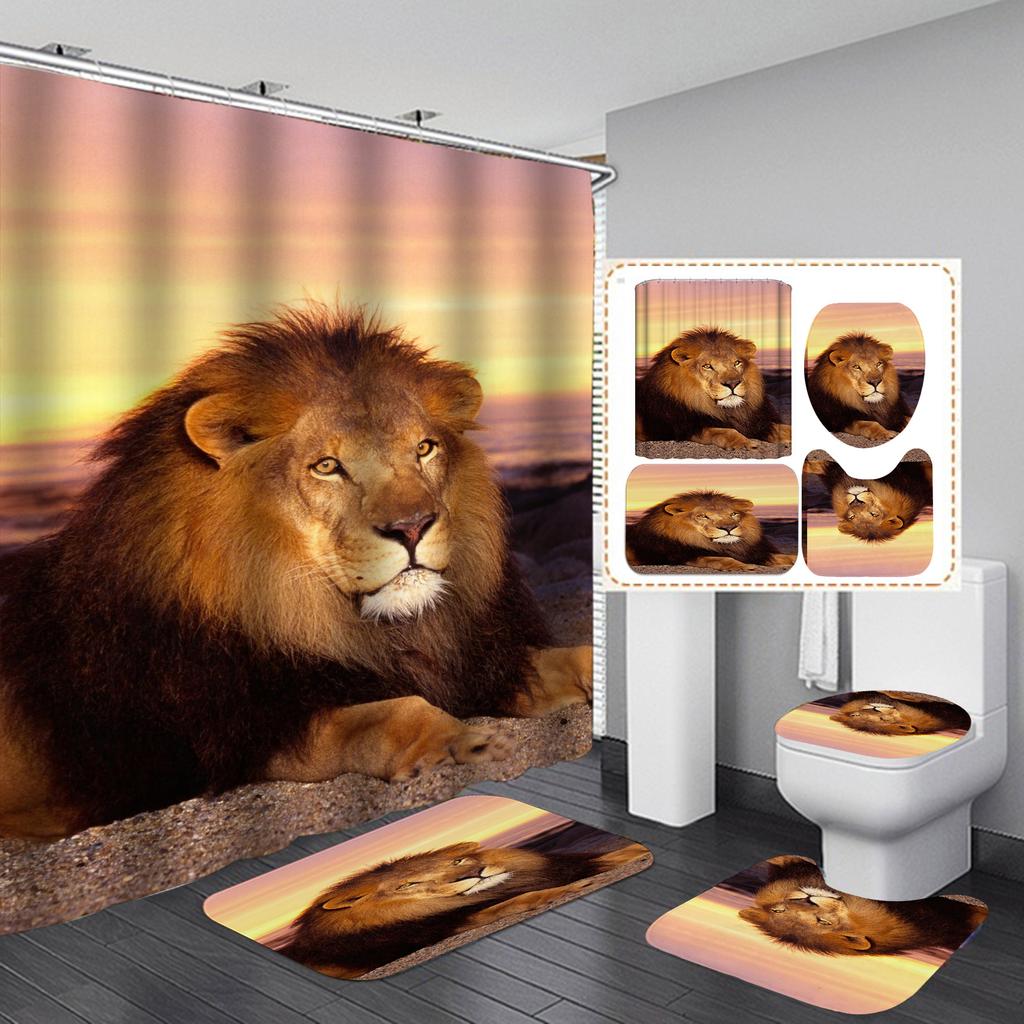 4 шт. наборы занавесок для душа серии Lion для ванной комнаты, нескользящие коврики для ванной комнаты, крышка для унитаза, коврик для ванной
