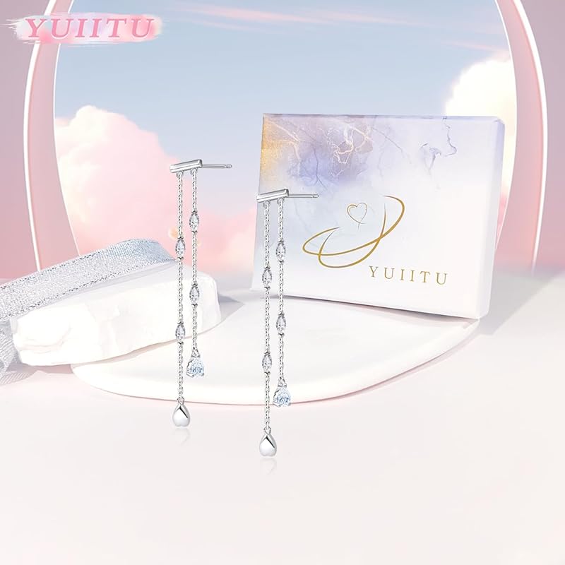YUIITU Earrings Ladies Popularity High Quality Zirconia 2 Series Sway Drop Silver Compatible with Metal Allergies 18k Gold Brachira Plating Long