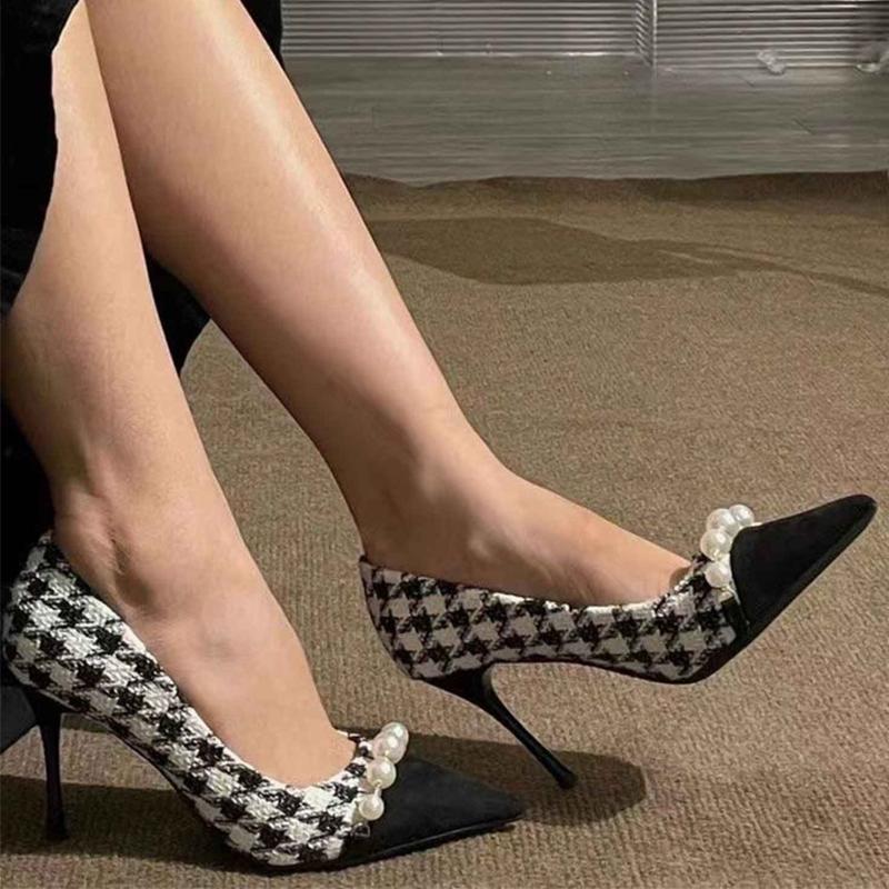 Fashion Fashion Pearls Decoration High Heels Shoes Women Plaid Thin Heels Party Pumps for Woman Spring Autumn Pointed Toe Pumps Female