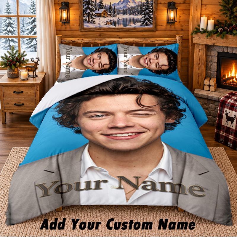 Harry Styles Pattern Bedding 3Pcs Set Custom Name, Bed Sheet And Pillowcases For Home Bedroom