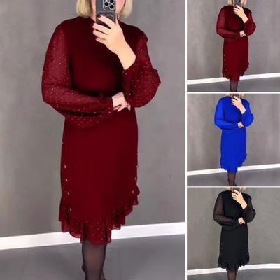 Женское платье миди с длинными сетчатыми рукавами-фонариками и оборкой в горошек