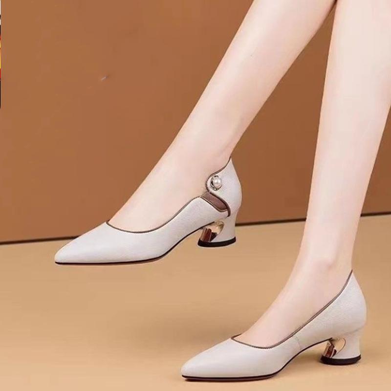 Fashion Female Fashion Sweet Black Real Leather Spring & Autumn High Heel Shoes Women Beige Office & Party Pumps Sapatos Femininas E458