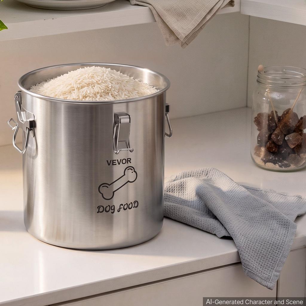 VEVOR Stainless Steel Dog Food Storage Container 8 kg 20 L Dispenser Bin, for Living Room Kitchen, Airtight Lid & Dual Handles