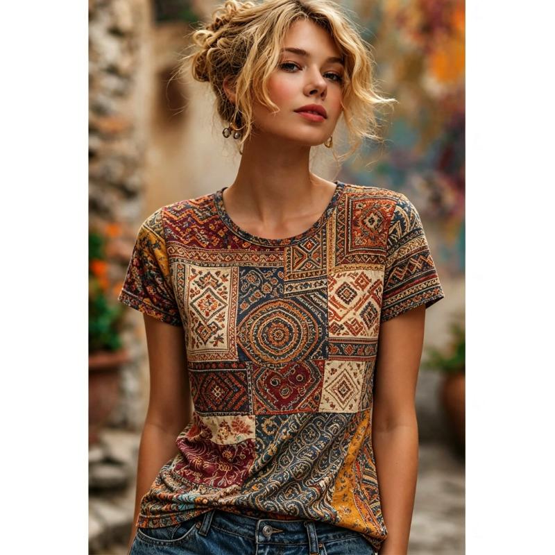 Women's Patchwork Floral Sunflower Print Crew Neck T-Shirt