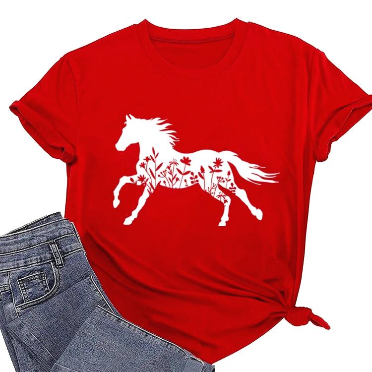 2026 Wildflower Horse Print Women T Shirt Short Sleeve O Neck Loose Women Ladies Tee Shirt Casual Streetwear T-shirts,Y2K Tops