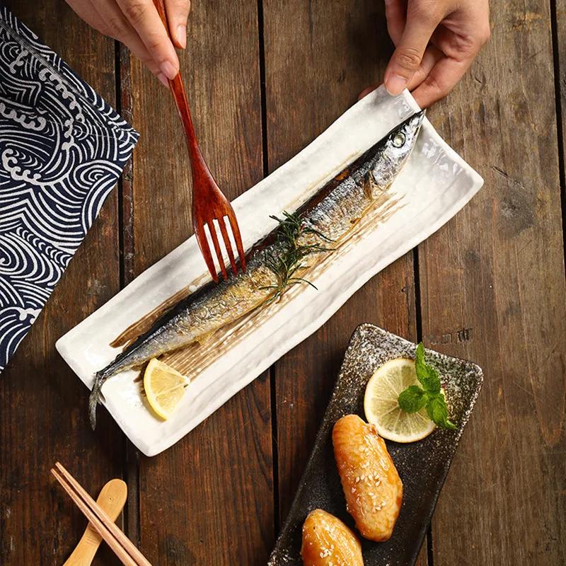 Japanese Ceramic Plate Commercial Creative Cuisine Sushi Sashimi Long Plate Hotel Saury  Long Square