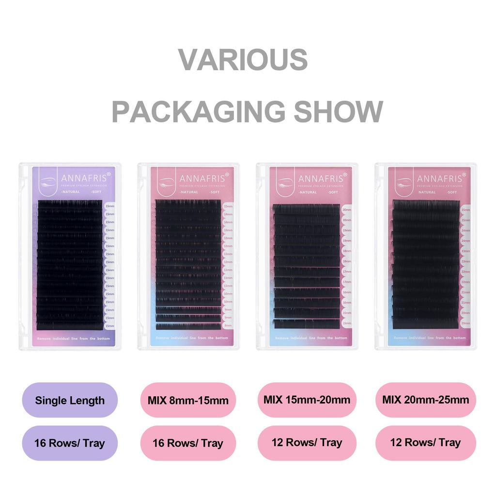 ANNAFRIS 15-20mm Mixed Length Individual Mink Eyelash Extension Supplies Natural Matte Black Soft Russian Volume Lashes Maquiagem