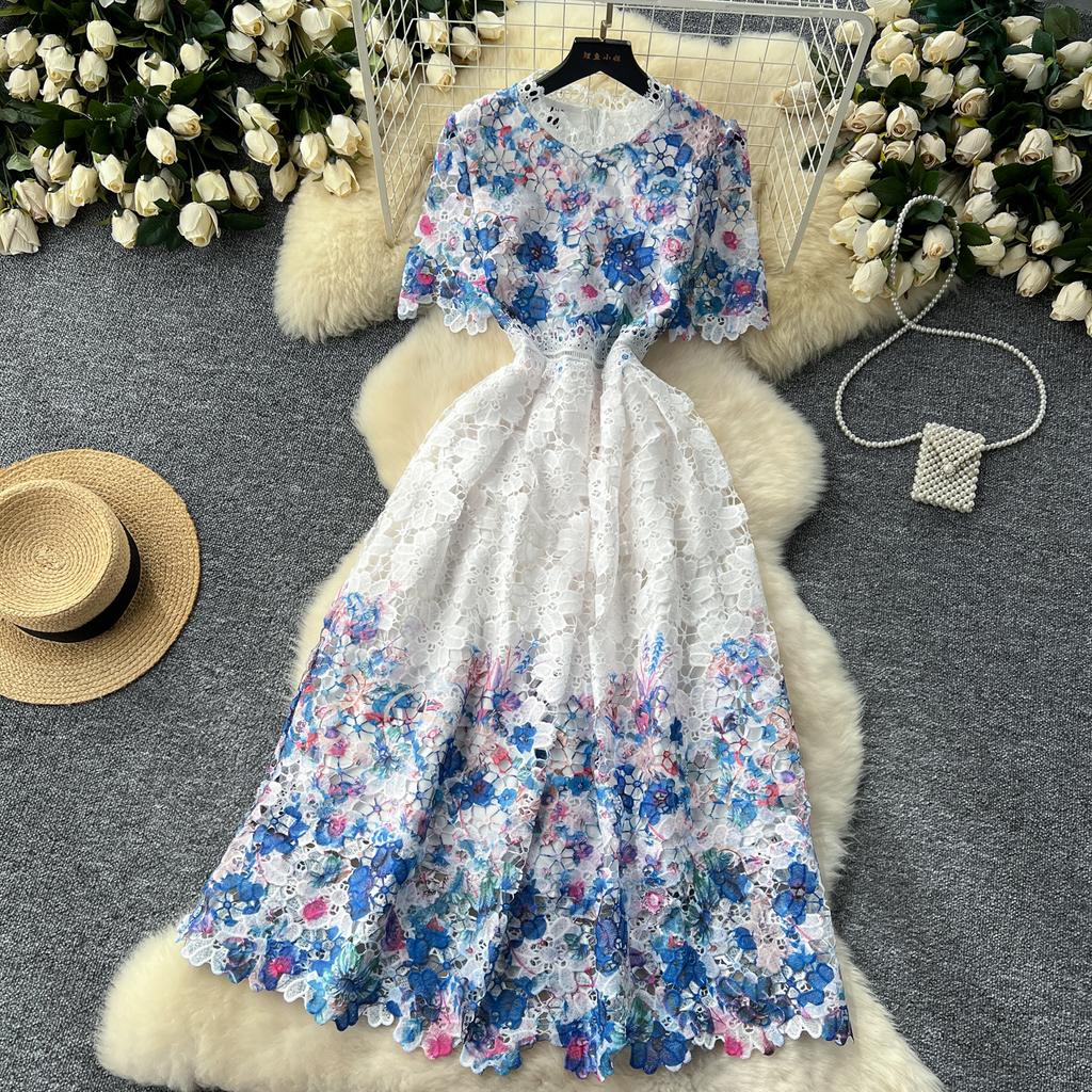 Элегантное длинное платье French Chic для женщин, вязаное крючком, ажурное кружевное, цветочное, женское платье с круглым вырезом, с коротким рукавом, Vestidos, дропшиппинг