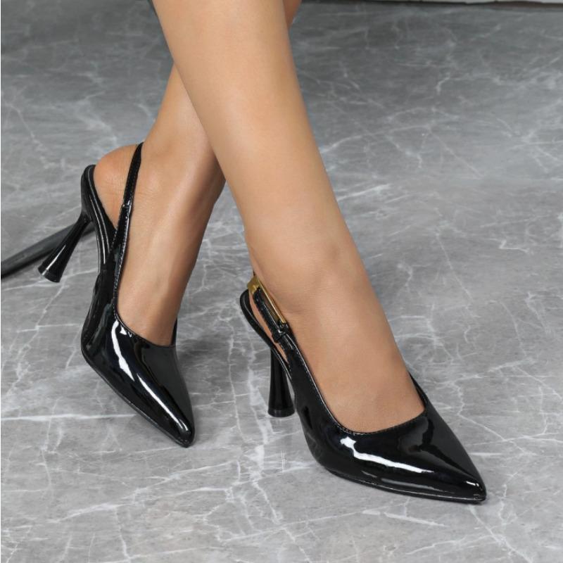 Черные Лакированные Туфли-лодочки на Высоком Каблуке Женские Простые Универсальные Туфли Модные Сексуальные Туфли-слингбэки Элегантные Мюли Сандалии Женские