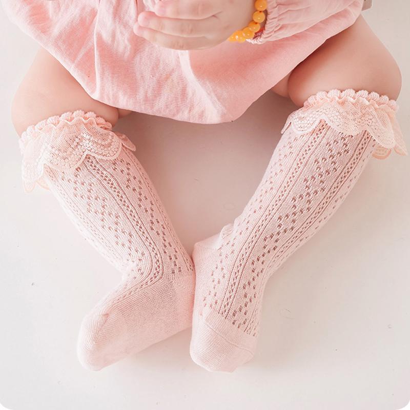 Принцесса Кружевные Носки с Рюшами Летние Ажурные Гольфы до Икры 0-3 года Детские Высокие Носки Тонкий Хлопок Однотонные Девочка Длинный Носок