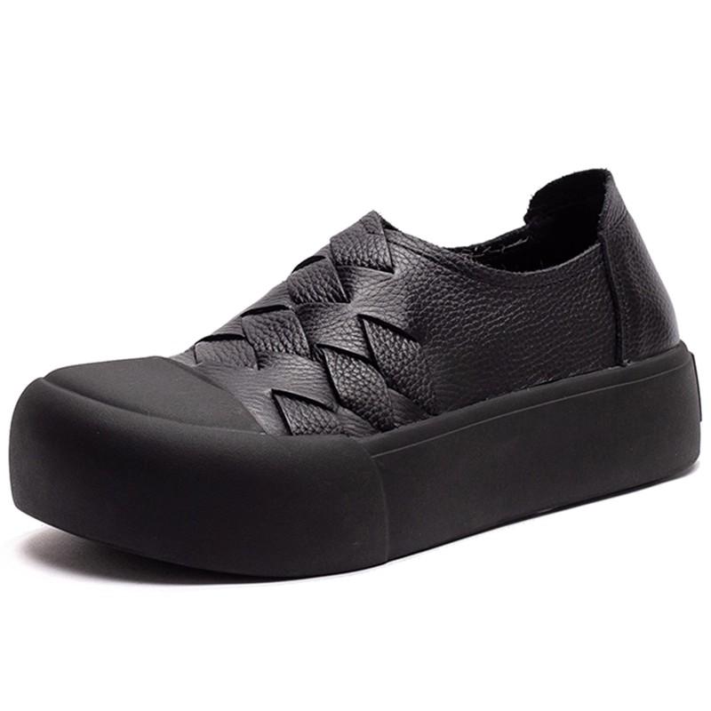GKTINOO Весна Осень Ручная работа Натуральная кожа Ретро Женские Туфли на плоской подошве Мягкая подошва Плетеный дизайн Повседневная обувь