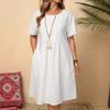 Vintage Baggy Pockets Solid Color Crew Neck Women's Dress