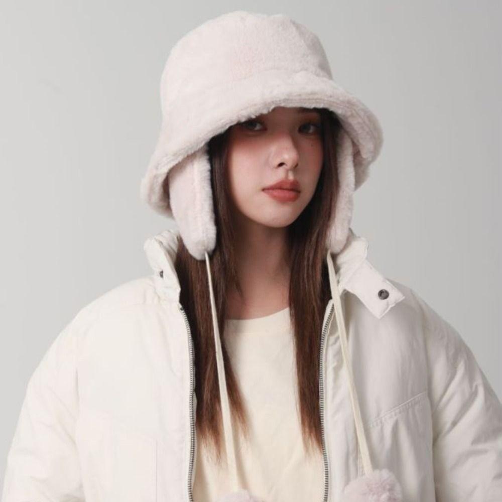 Solid Color Winter Fisherman Hat Anti-cold Plush Bucket Cap Ushanka Plush Panama Hat Outdoor