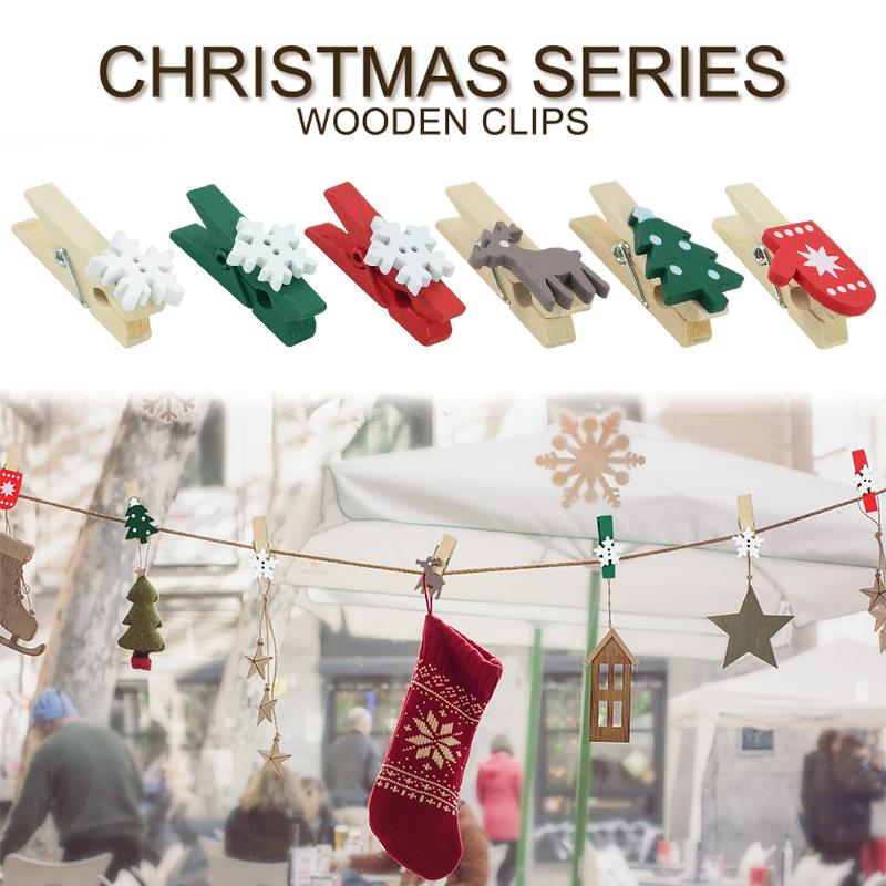 20Pcs Christmas Wooden Clips New Year Party Photo Wall Clip DIY Christmas Ornaments Decoration for Home Xmas Tree Snowflake Pegs