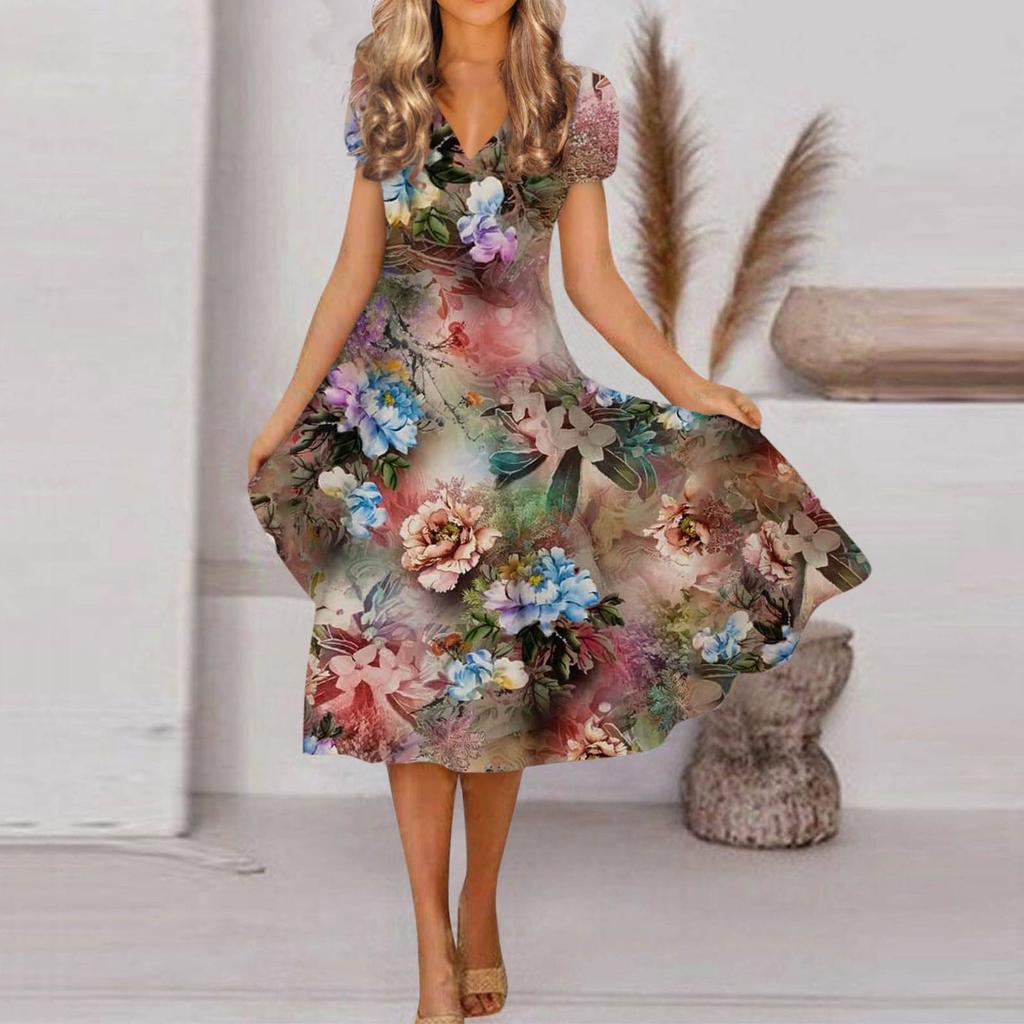 Women's Spring And Summer Fashion V Neck Short Sleeve Flower Printed Loose Hem Dress