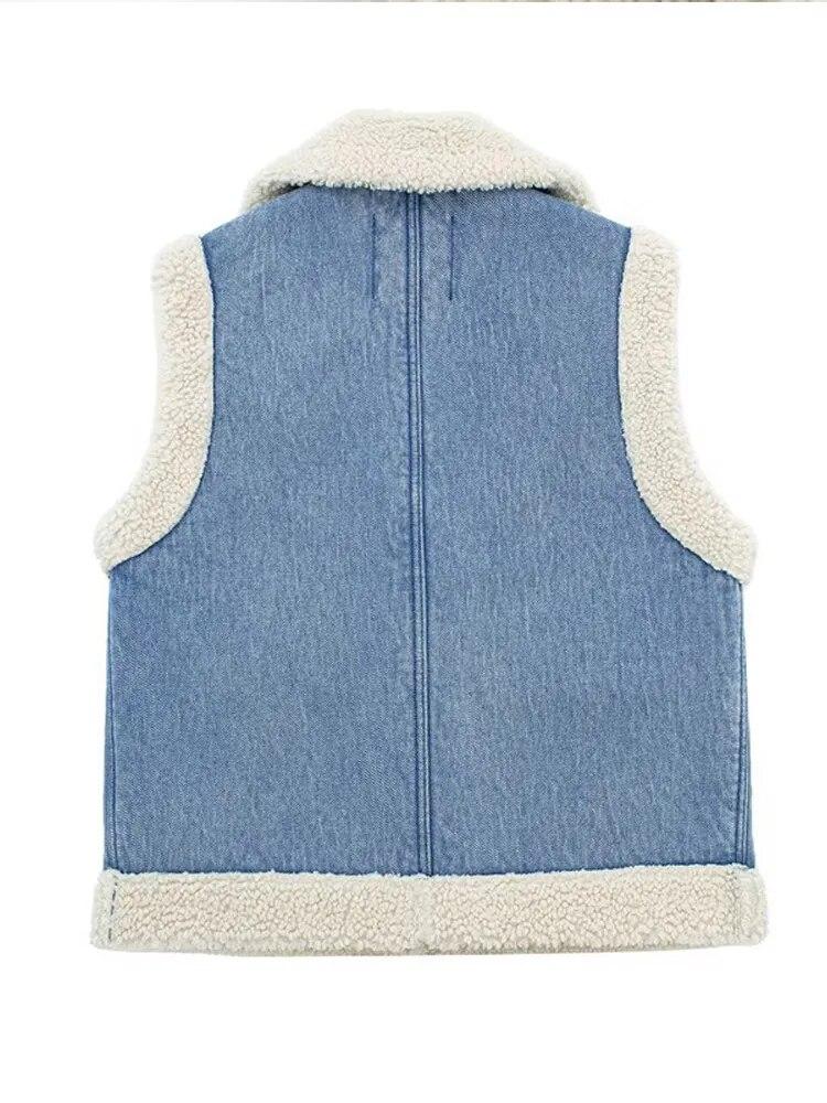 Winter Warm Waistcoat Jacket Women Thick Patchwork Female Vest Autumn Winter Lapel Fleece Pocket Sleeveless Lady Streetwear
