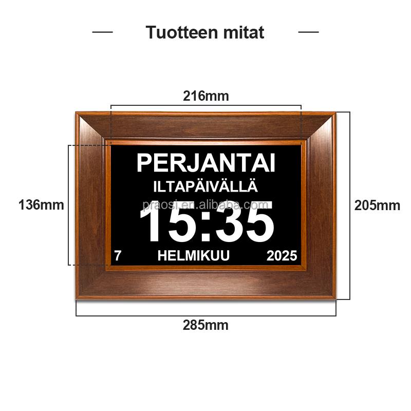 Finnish Language Reminder Memory Loss 10 Inch Wood Digital Calendar Day Clock Alarm for Dementia or Alzheimer Elderly Seniors