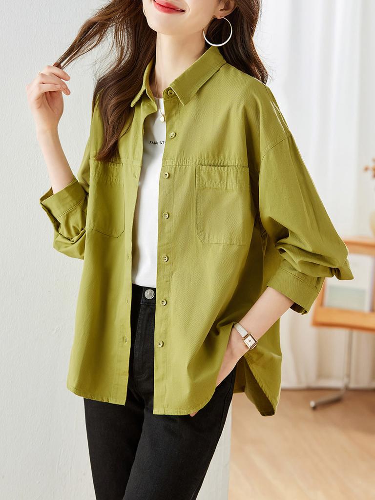 Cotton Womens Long Sleeve Shirt With Button Closure For Office Wear