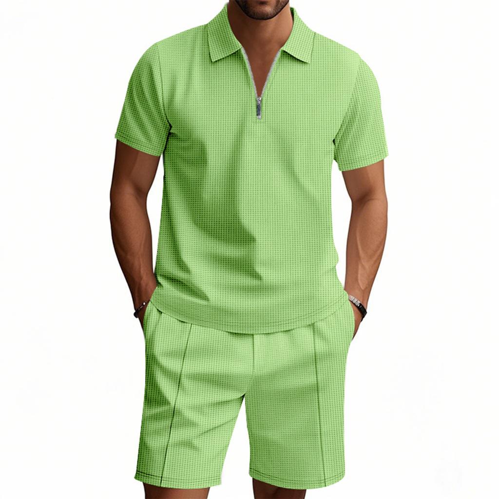 Men'S Solid Color Casual Collar Short Sleeved Shorts Two-Piece Set