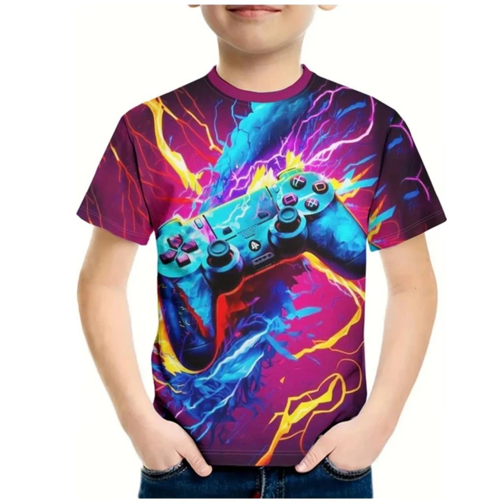 Kids Gamepad With Color Paint 3D Print Boy's T-shirt Crew Neck Short Sleeve T-shirt For Boy Casual Top For Summer Cool T Shirt