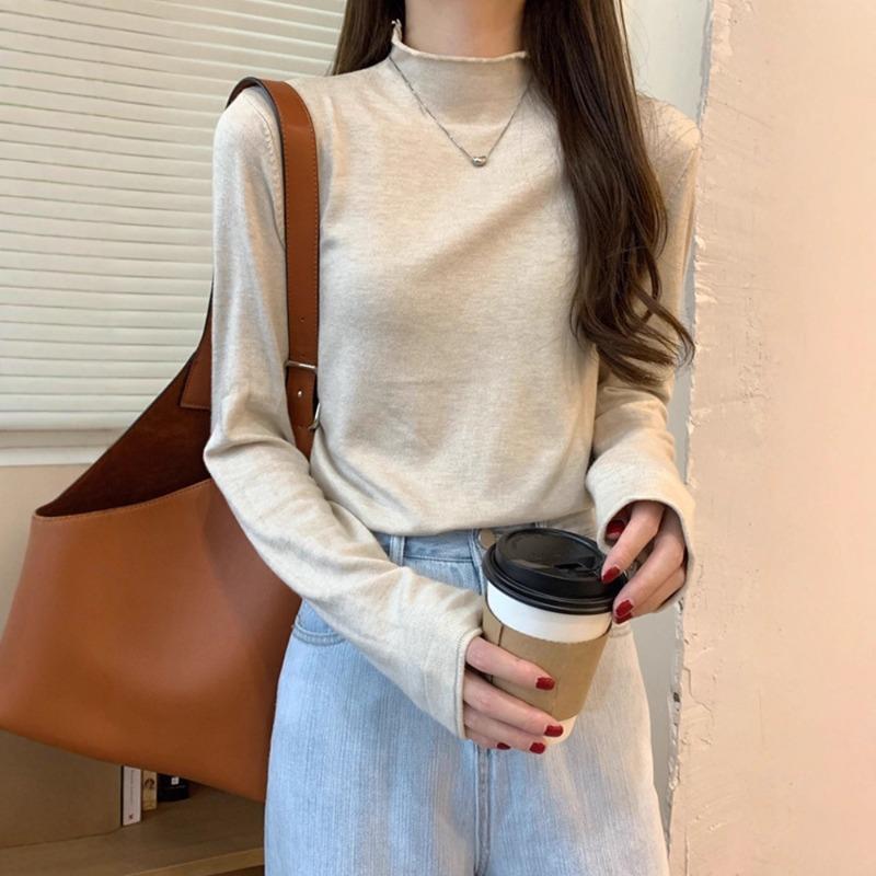 Semi-turtleneck Bottoming Shirt Women's Black Slim-fitting Sweater Inside White Thin Knitted Sweater Autumn and Winter Top