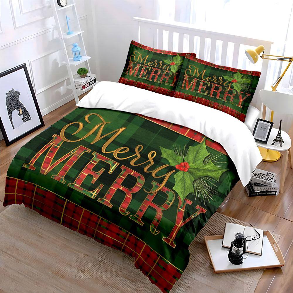 Plaid Merry Christmas Design Bedding Duvet Cover Set Duvet Cover Pillowcases (1*Duvet Cover 2*Pillowcases, without duvet insert)