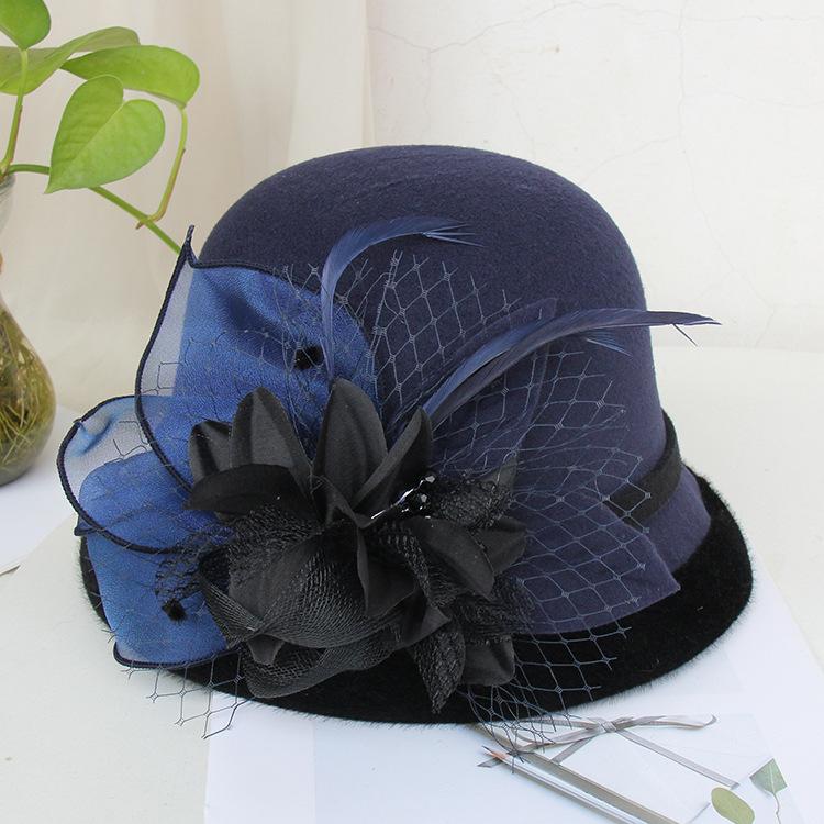 Woolen hat female autumn and winter British celebrity feather mesh yarn dome top hat casual versatile bucket hat basin hat tide