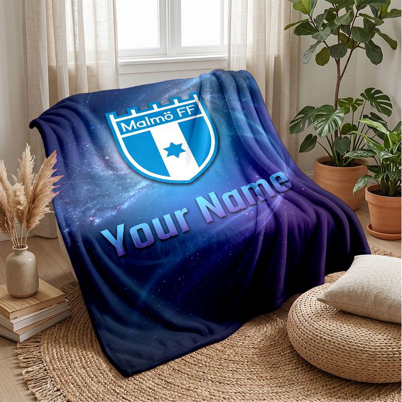 Malmö FF Custom Name Text Flannel Blanket Soccer Logo Personalized Fleece Throw Blanket Special Gift For Sofa Bedroom Home