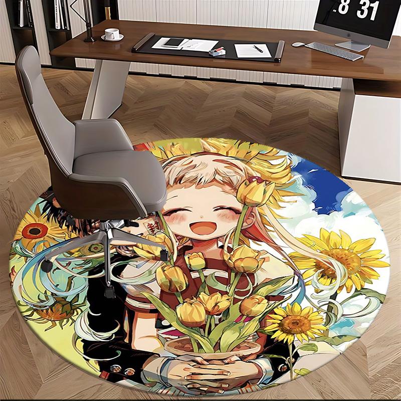 1pc Anime Cartoon Design Sunflower & Tulip Round Carpet Office Chair Mat, NonSlip Rug for Home Decor, Living Room, Bedroom