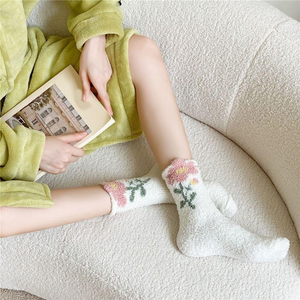 6Pairs Soft Thickened Coral Fleece Socks Winter Sleeping Floor Socks Flower Hosiery Warm Socks Women Winter