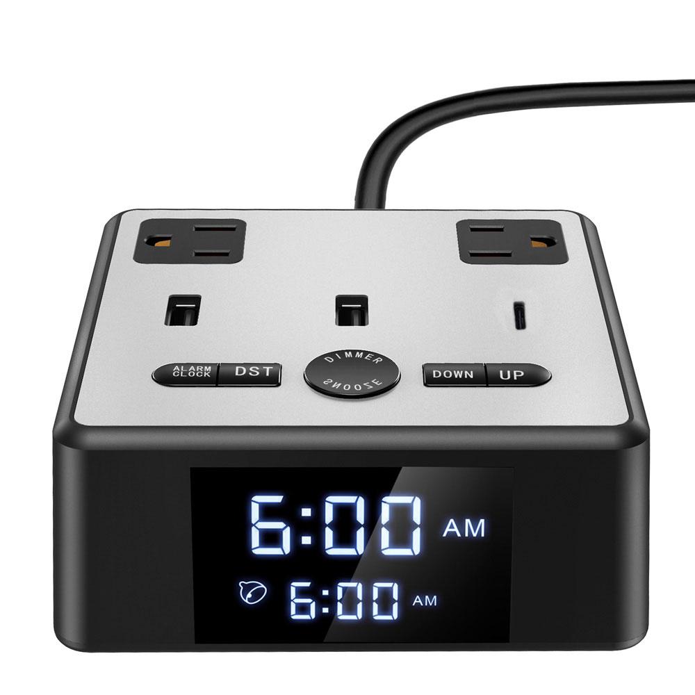 Smart Loud Hotel Best Desk Digital Alarm Clock and Charging Station With Usb a and C Charger AcOutlets for Heavy Sleepers
