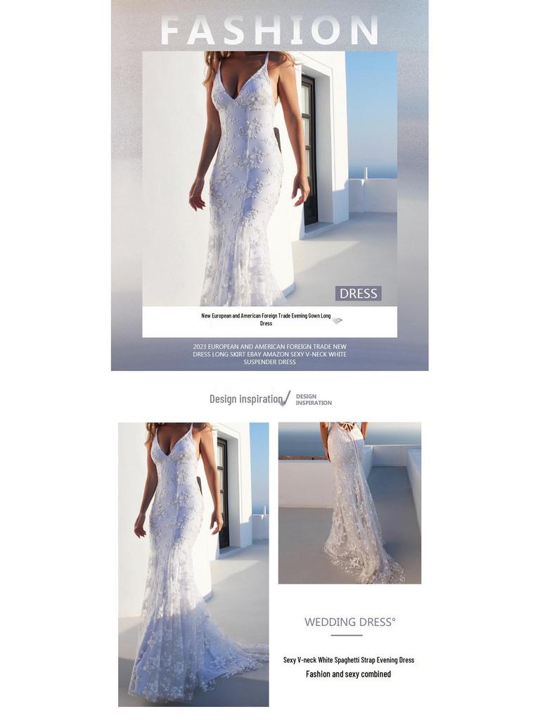 2025 Sexy V-Neck White Spaghetti Strap Evening Gown