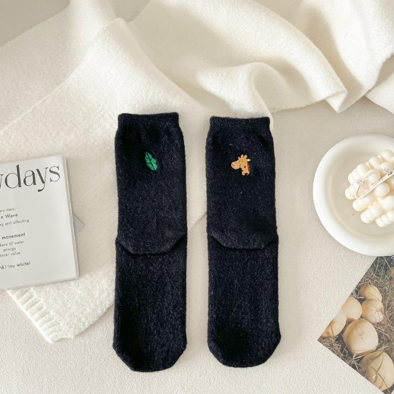 Cute AB Asymmetrical Embroidered Cartoon Women's Socks for Autumn and Winter, Australian Fleece Sleep Thickened Floor Socks