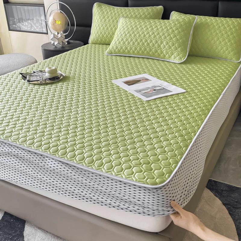 Soft Thick Latex Ice Silk Fitted Sheet Set Queen Cool Down Bed Sheet and Pillowcase Washable Machine Summer Cooling Mat for Bed