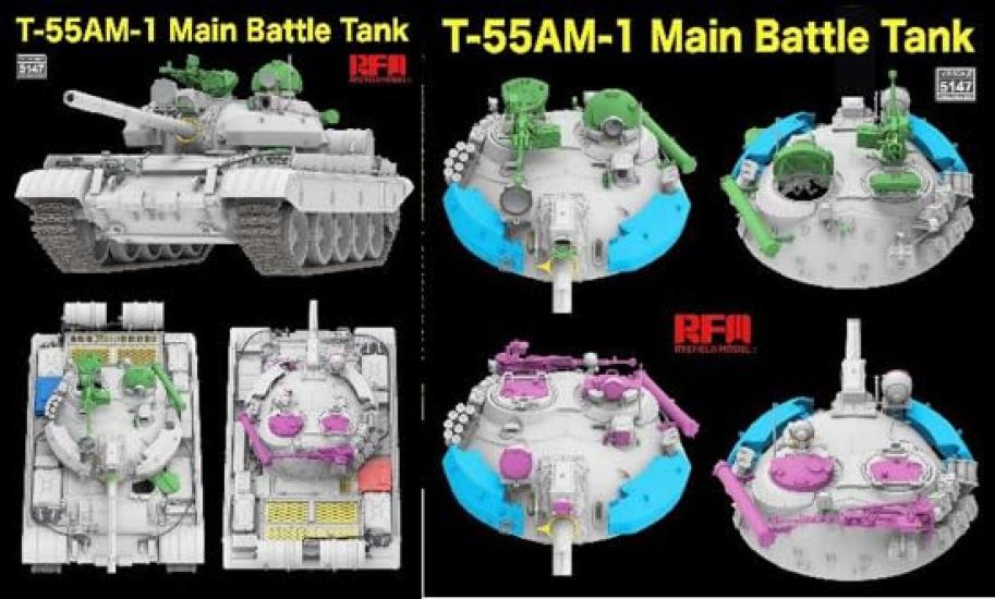 Ryefield Models Scale Main Battle Tank with Movable Tracks Plastic Model Kit RFM5147 1/35 T-55AM-1 (Tank)