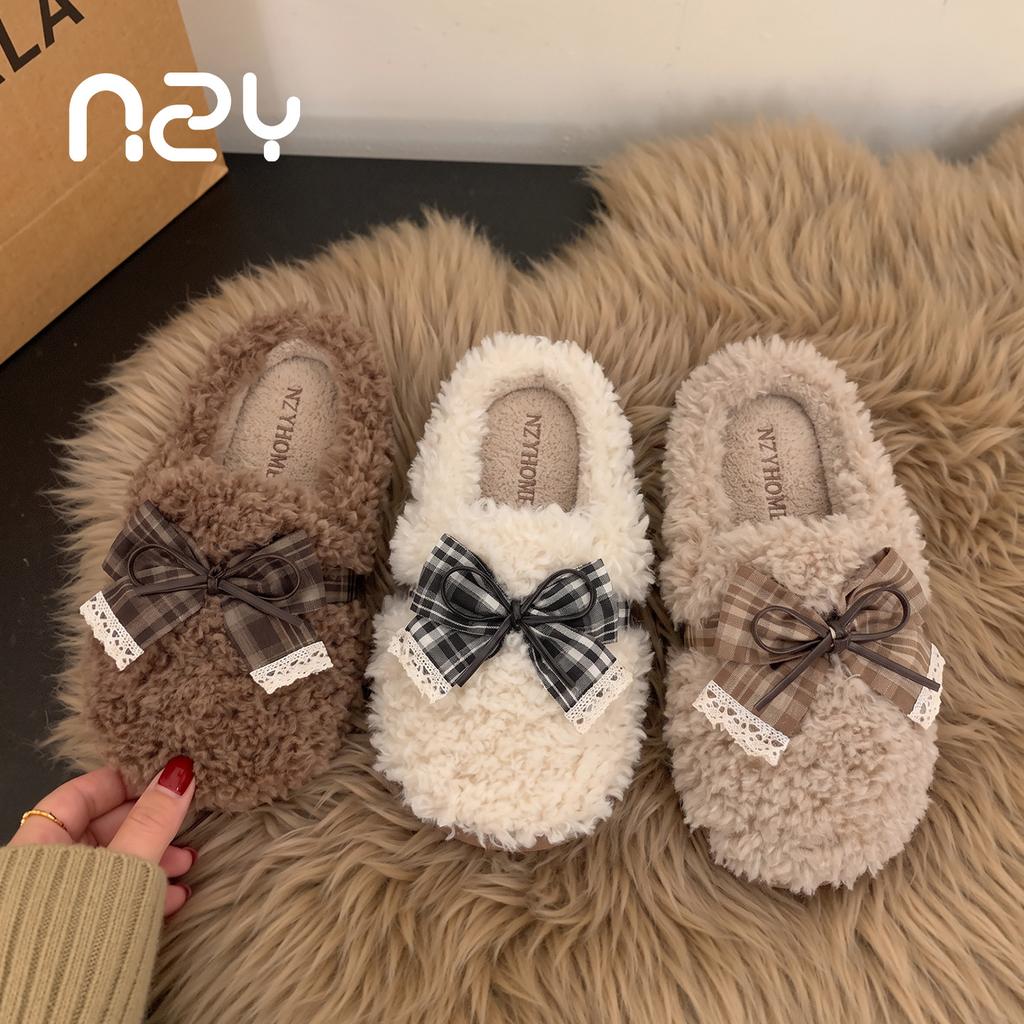 Maillard bow cotton slippers women's winter home indoor non-slip velvet warm sweet fluffy mop
