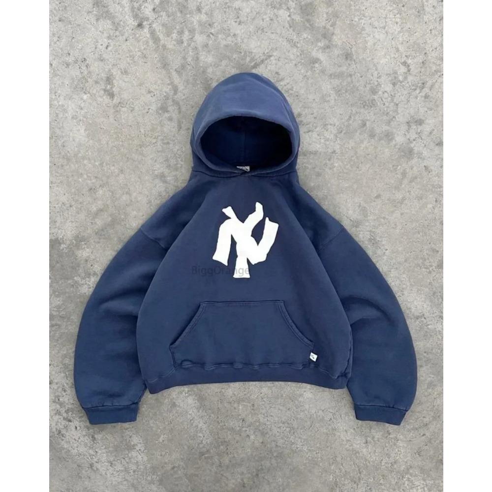 ZYLLO Харадзюку Ретро Новая Печать Цветок Раскрывающийся Свитер С Капюшоном Y2K Уличный Хип-Хоп Повседневный Свободный Свитшот Парный Топ