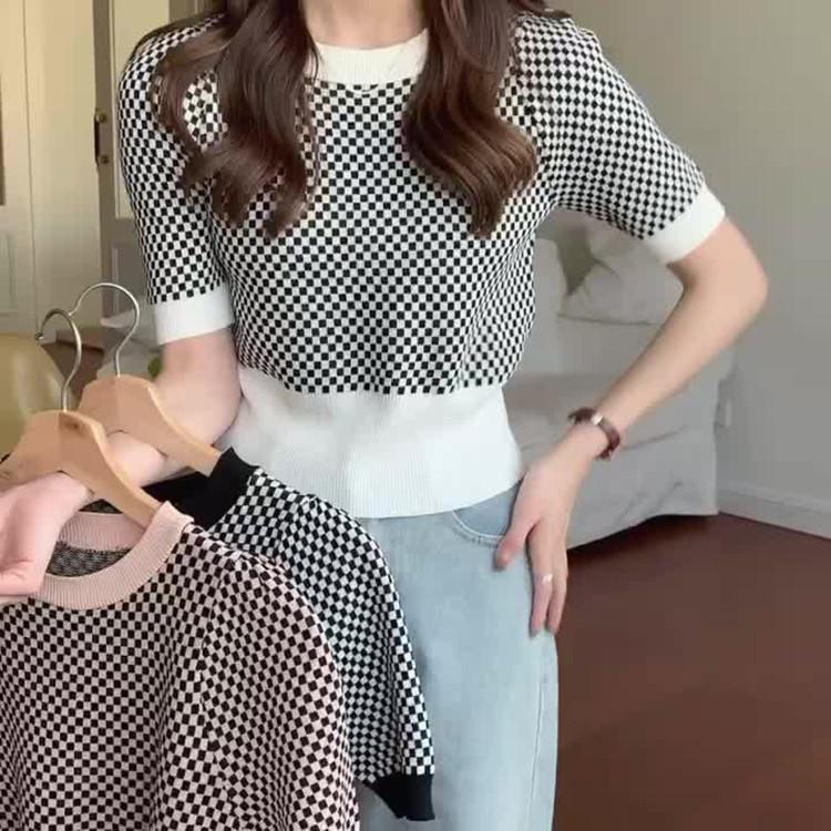 Летняя ретро-клетчатая цветная блокировка с коротким рукавом, трикотажная женская повседневная нижняя рубашка, топ, повседневные летние базовые вещи, комфорт и стиль, облегающие пуловеры, футболки