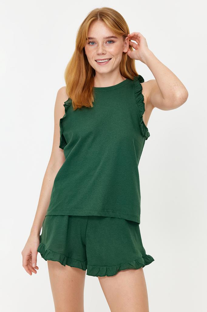 Women's Fashion New Pajama Set Emerald Green 100% Cotton Ruffle Detailed Tank Top-Shorts Knitted Pajama Set