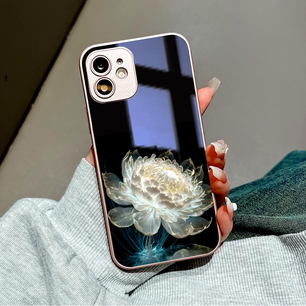 Чехол для телефона с цветком белого пиона, металлический лак из закаленного стекла, противоударный чехол для Huawei Honor iPhone OPPO Realme OnePlus Xiaomi Redmi Samsung Vivo