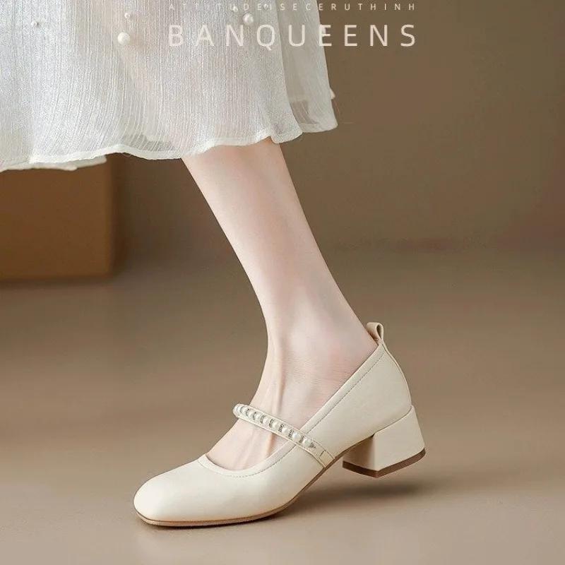 Мода 2024 Новая весна Винтажные туфли Мэри Женские на среднем высоком каблуке Сказочные женские Мягкие туфли на высоком каблуке Молочные туфли Неуклюжие туфли