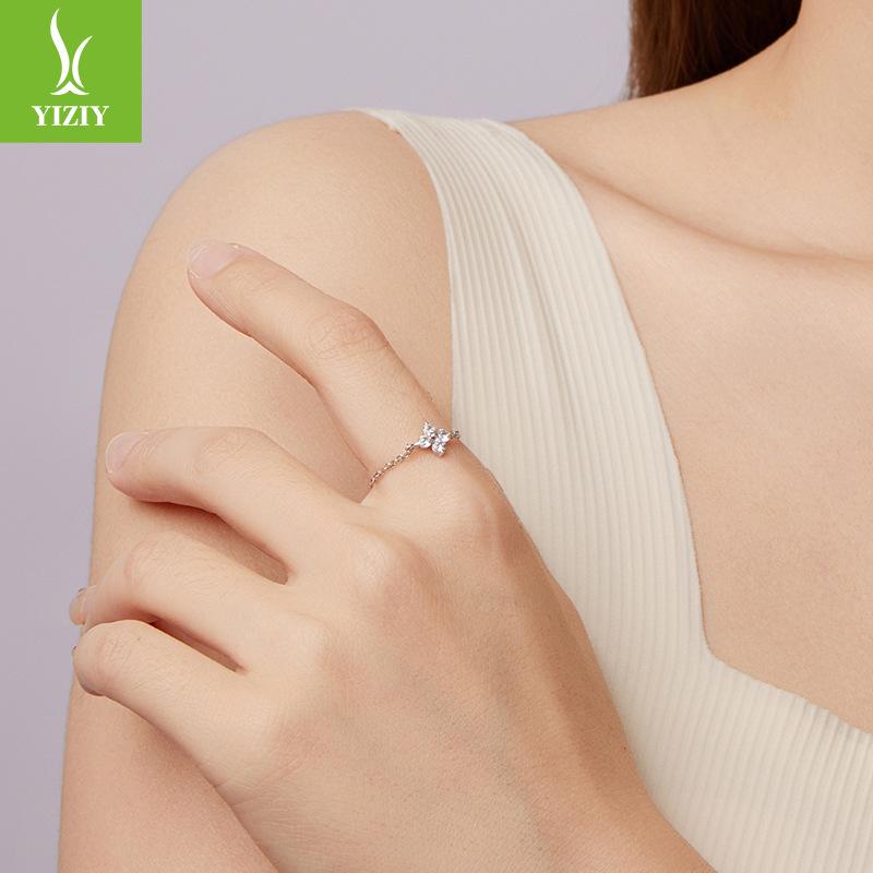 S925 Sterling Silver Four Leaf Clover Lucky Chain Ring Adjustable Cold Premium Wind Ring