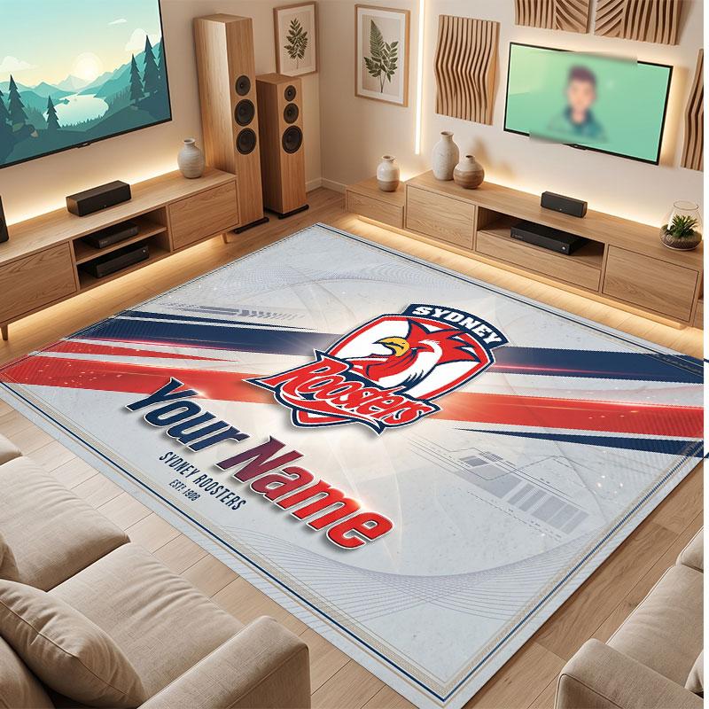 Sydney Roosters Personalized Crystal Velvet Carpet, Customized Name Text Soft Anti‑Slip Rug for Living Room Bedroom