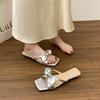 Bow Low Heel One-word Slippers Women's Summer New Square Head Open-toed Temperament Versatile Sandals