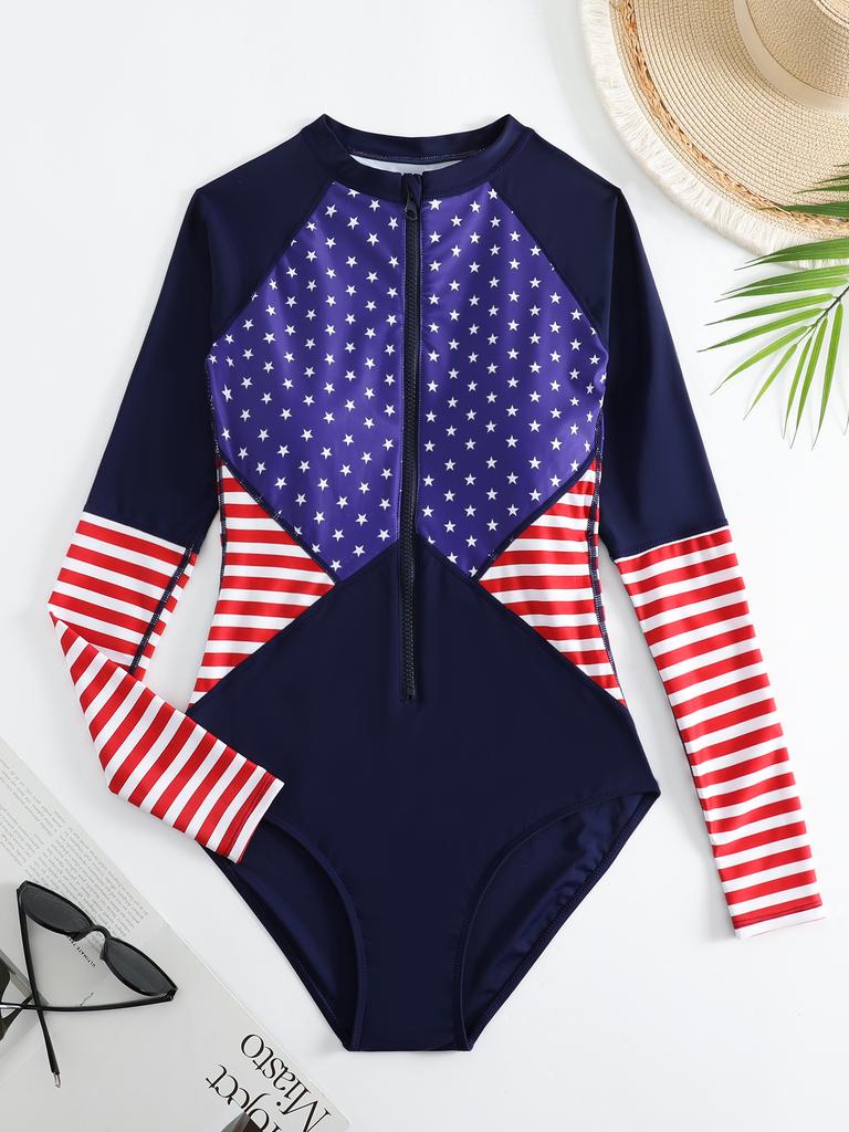 Fashion Women's Long Sleeve Printed One Piece Surf Swimsuit Bikini Summer Beachwear