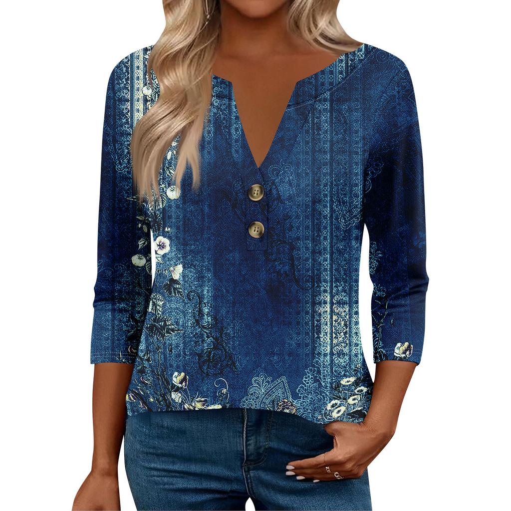 Женские топы с рукавом 3/4 для женщин, топы хенли на пуговицах с V-образным вырезом, нарядные летние женские топы свободного кроя