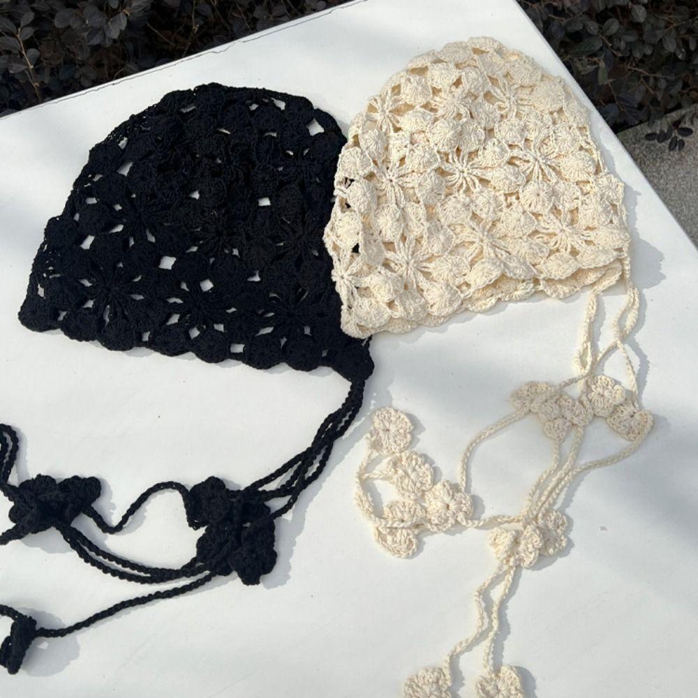 Tassel Hollowed Out Knitted Hat Floral Weave Cap Retro Bohemian Style Beanies Outdoor