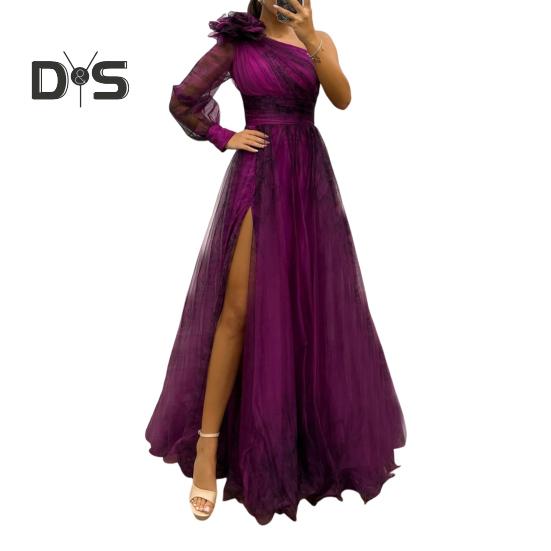 Женское вечернее платье с 3D-цветочным декором на одно плечо, плиссированное, сетчатое, банкетное платье, одно плечо, длинный рукав, тонкая талия, А-силуэт, длина до пола, разрез, подол, шар