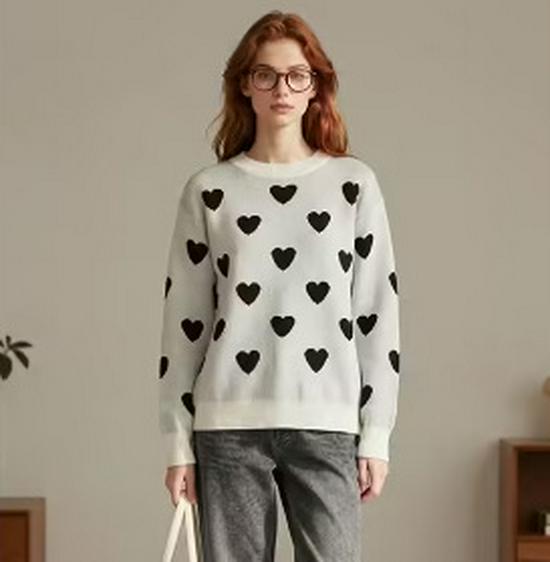 Women's Heart Shape Jacquard Knit Sweater - European & Korean Style, Loose Fit for Autumn/Winter